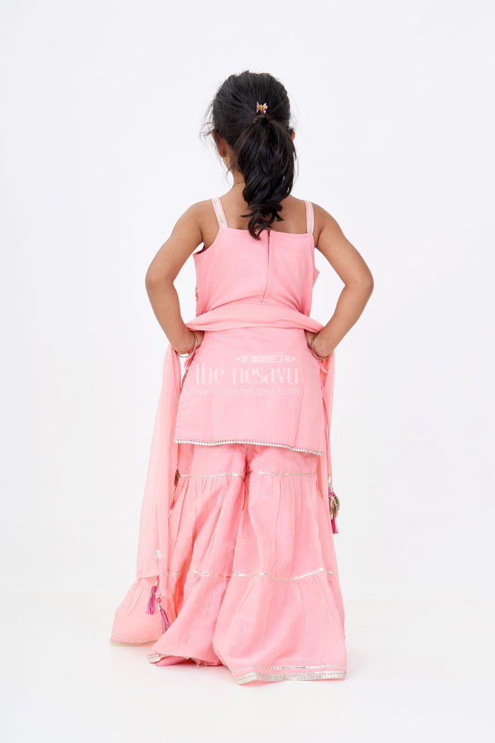 The Nesavu Girls Sharara / Plazo Set Girls Peach Color Sharara with Floral Thread Embroidery and Spaghetti Strap Top in Soft Cotton Nesavu Nesavu Girls Peach Cotton Sharara Set Floral Embroidered Sleeveless Top Flared Pants