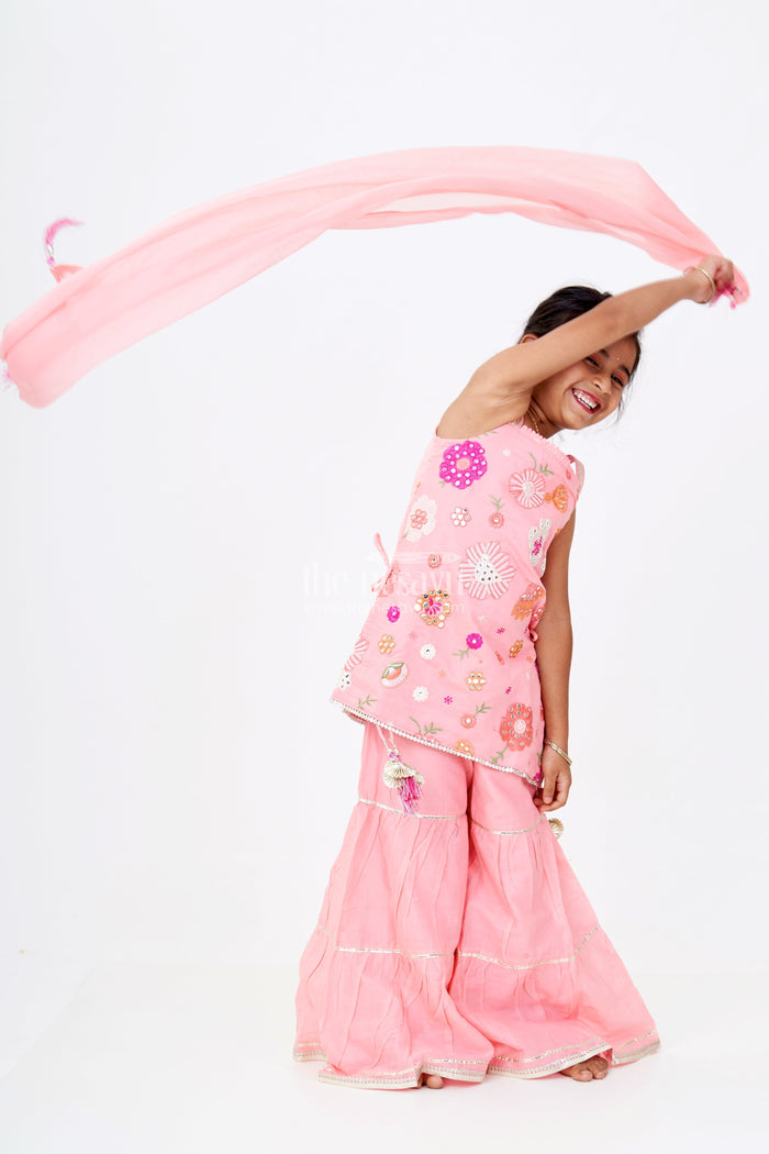 The Nesavu Girls Sharara / Plazo Set Girls Peach Color Sharara with Floral Thread Embroidery and Spaghetti Strap Top in Soft Cotton Nesavu 24 (5Y) / Peach GPS569A-24 Girls Peach Cotton Sharara Set Floral Embroidered Sleeveless Top Flared Pants | The Nesavu