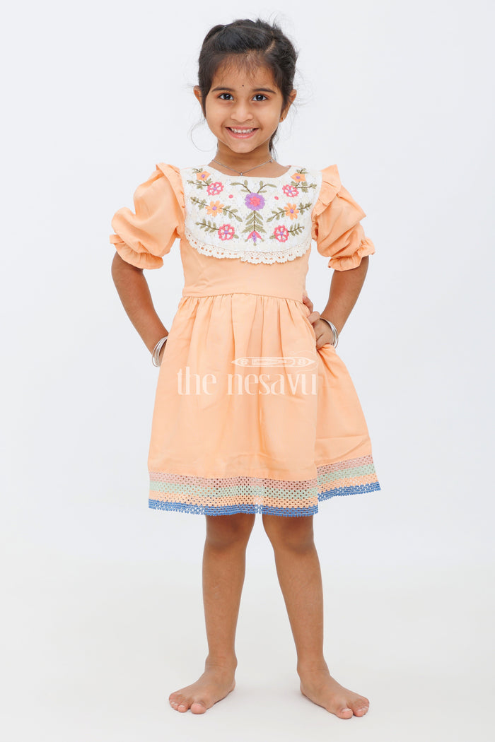The Nesavu Girls Cotton Frock Girls Peach Floral Embroidered Frock with Ruffle Sleeves and Lace Accentsparty Wear Frock Nesavu Nesavu Girls Peach Frock Floral Embroidery Lace Details - Perfect Special Occasions