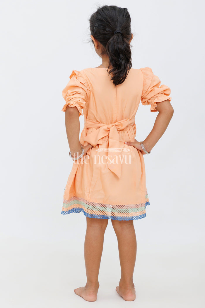 The Nesavu Girls Cotton Frock Girls Peach Floral Embroidered Frock with Ruffle Sleeves and Lace Accentsparty Wear Frock Nesavu Nesavu Girls Peach Frock Floral Embroidery Lace Details - Perfect Special Occasions