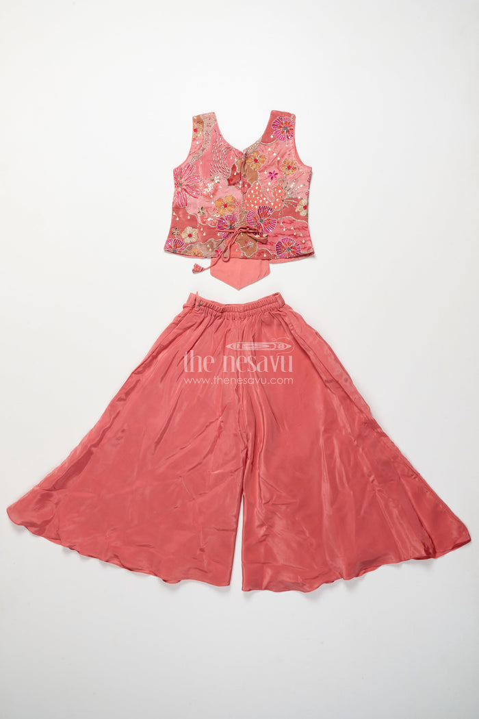The Nesavu Girls Sharara / Plazo Set Girls Peach Palazzo Set with Embroidered Blouse for Ethnic Celebrations Nesavu Nesavu girls peach organza palazzo set heavy embroidery festive occasions