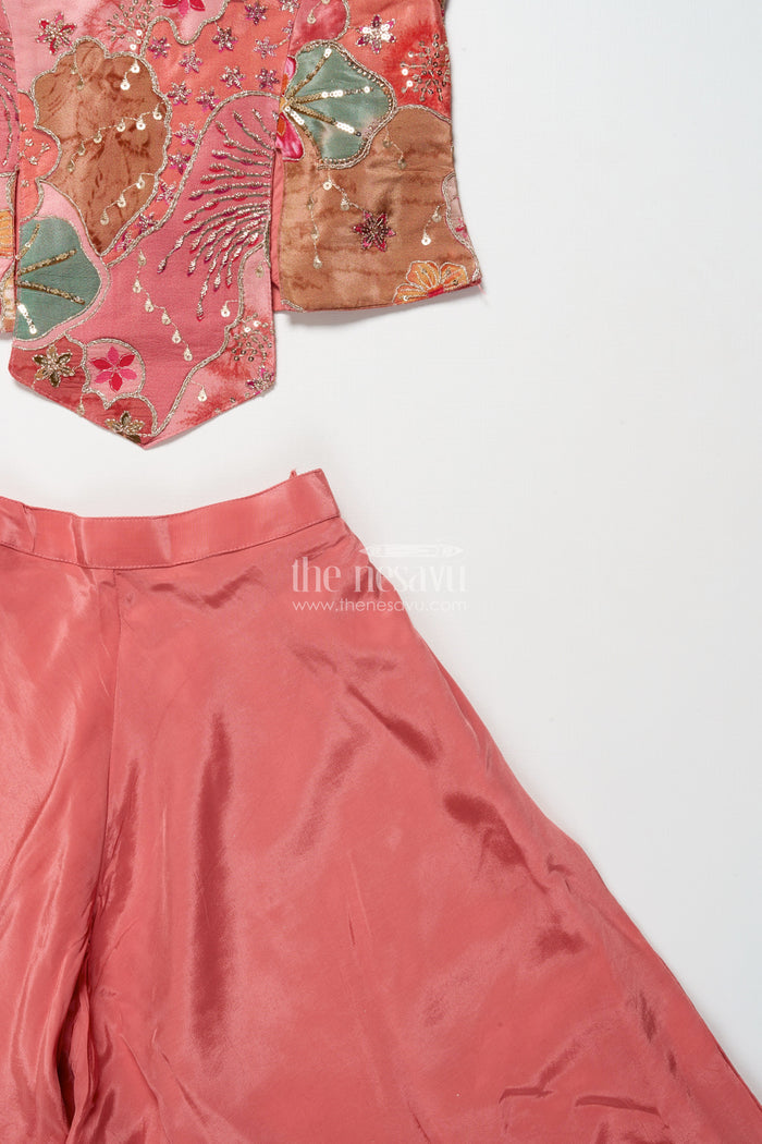 The Nesavu Girls Sharara / Plazo Set Girls Peach Palazzo Set with Embroidered Blouse for Ethnic Celebrations Nesavu Nesavu girls peach organza palazzo set heavy embroidery festive occasions