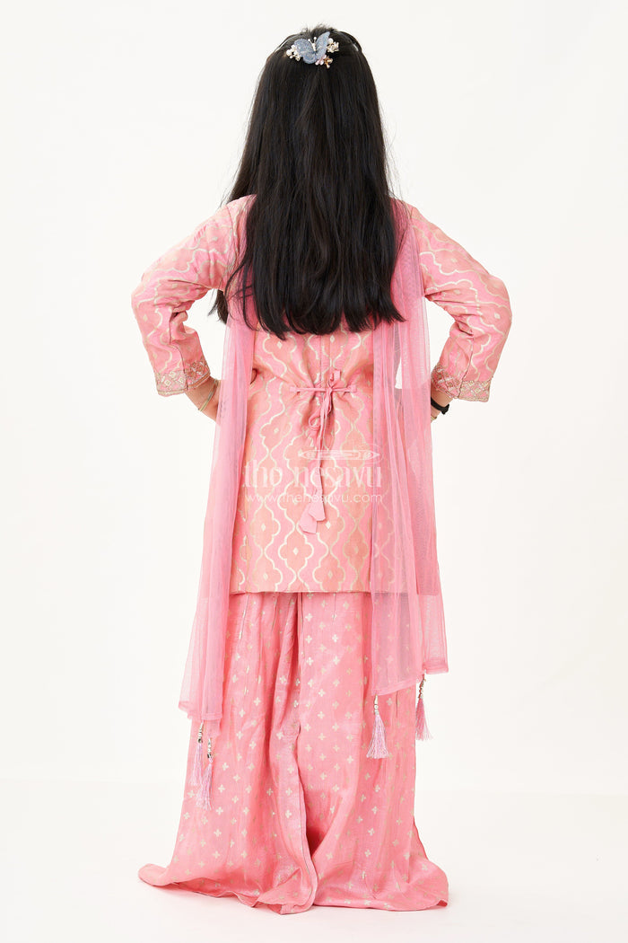 The Nesavu Girls Sharara / Plazo Set Girls Peach Sharara Set in Banarasi Kora Silk with Sequin Embroidery and Mirror Accents Nesavu Nesavu Girls Peach Sharara Set Banarasi Kora Silk Sequin Embroidery Dupatta