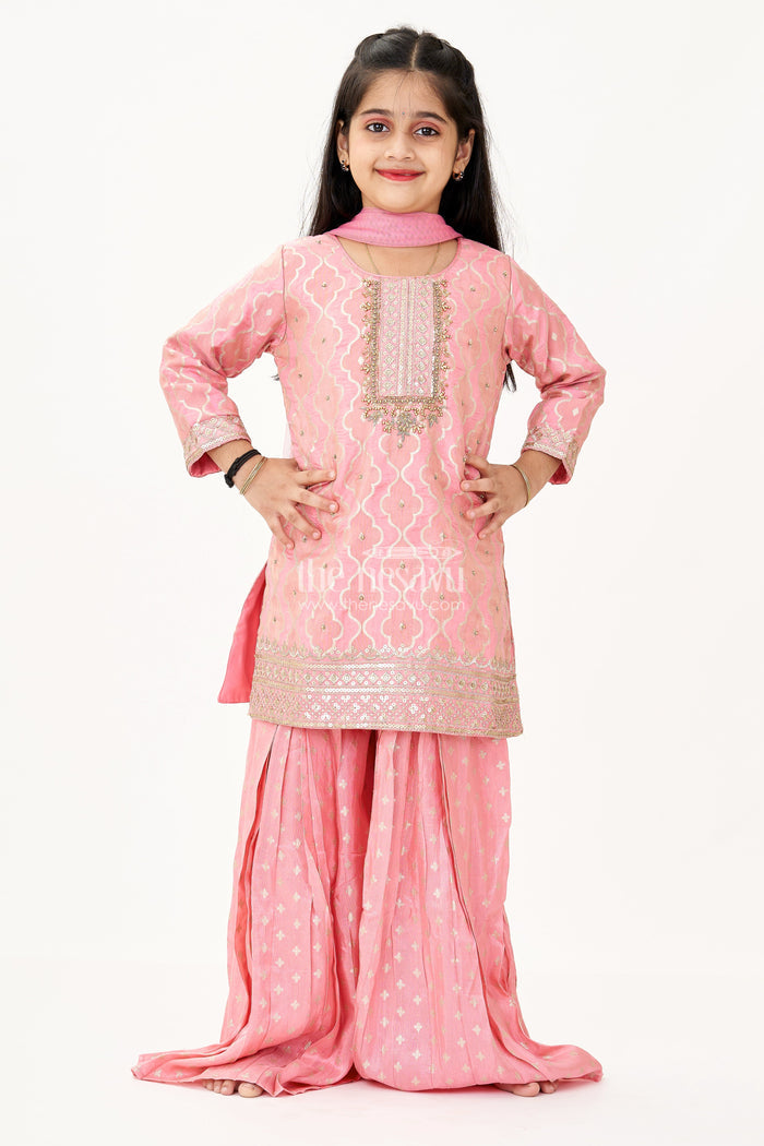 The Nesavu Girls Sharara / Plazo Set Girls Peach Sharara Set in Banarasi Kora Silk with Sequin Embroidery and Mirror Accents Nesavu Girls Peach Sharara Set Banarasi Kora Silk Sequin Embroidery Dupatta | The Nesavu