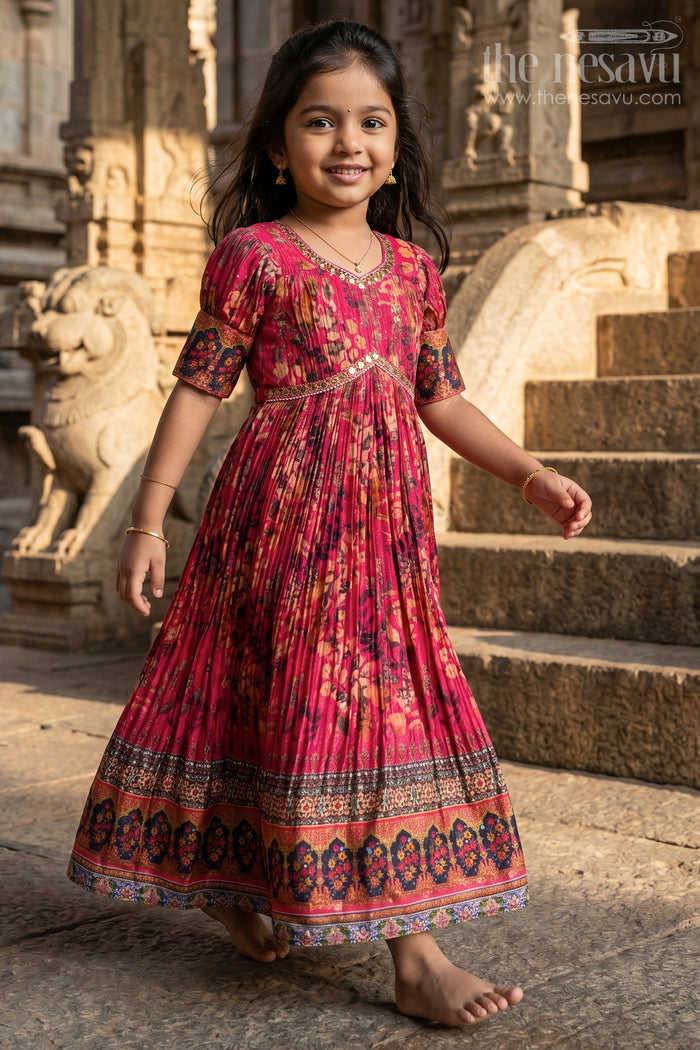Girls Pink Chinon Anarkali with Traditional Print and Flared Skirt for Elegant Anarkali Gown Dress Look