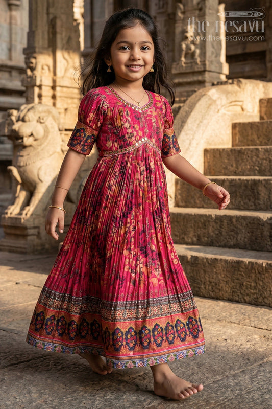 Girls Pink Chinon Anarkali with Traditional Print and Flared Skirt for Elegant Anarkali Gown Dress Look