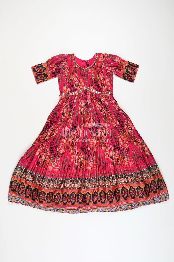 The Nesavu Girls Silk Gown Girls Pink Chinon Anarkali with Traditional Print and Flared Skirt for Elegant Anarkali Gown Dress Look Nesavu 24 (5Y) / Pink GA215A-24 Nesavu Girls Chinon Pink Anarkali Gown Digital Floral Prints Elegant anarkali gown dress Style