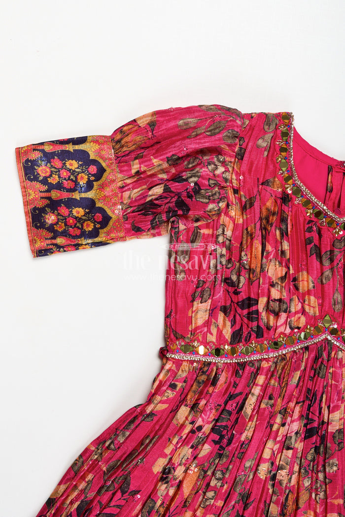The Nesavu Girls Silk Gown Girls Pink Chinon Anarkali with Traditional Print and Flared Skirt for Elegant Anarkali Gown Dress Look Nesavu Nesavu Girls Chinon Pink Anarkali Gown Digital Floral Prints Elegant anarkali gown dress Style