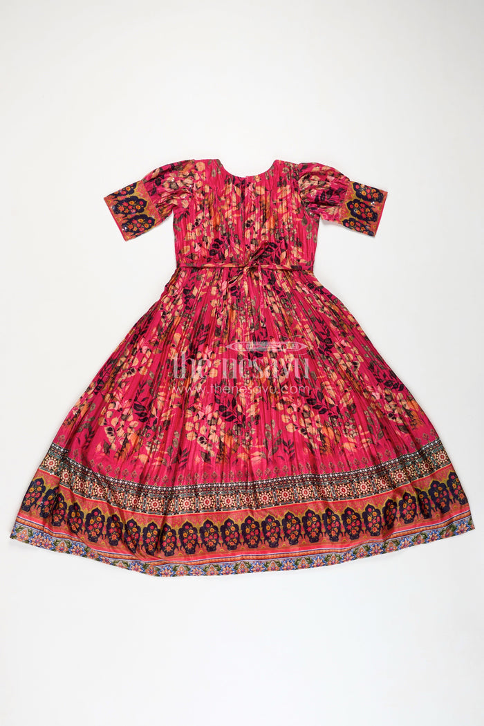 The Nesavu Girls Silk Gown Girls Pink Chinon Anarkali with Traditional Print and Flared Skirt for Elegant Anarkali Gown Dress Look Nesavu Nesavu Girls Chinon Pink Anarkali Gown Digital Floral Prints Elegant anarkali gown dress Style