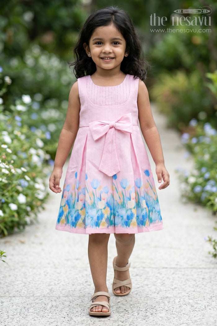The Nesavu Girls Cotton Frock Girls Pink Colour Frock in Cotton Printed Fabric with Floral Border and Elegant Bow Nesavu 20 (3Y) / Pink GFC1657A-20 Girls Pink Colour Frock Cotton Printed Fabric Floral Border Waist Bow | The Nesavu
