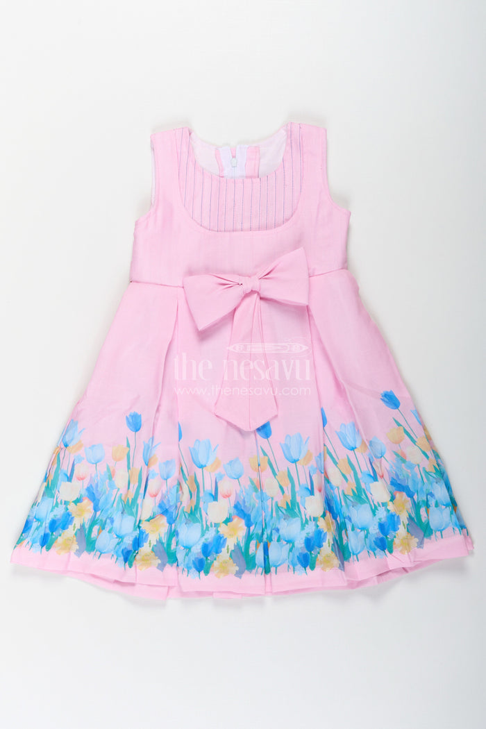 The Nesavu Girls Cotton Frock Girls Pink Colour Frock in Cotton Printed Fabric with Floral Border and Elegant Bow Nesavu 20 (3Y) / Pink GFC1657A-20 Nesavu Girls Pink Colour Frock Cotton Printed Fabric Floral Border Waist Bow