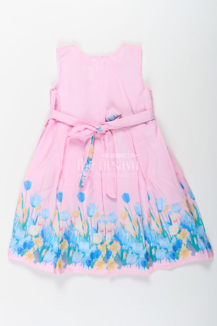 The Nesavu Girls Cotton Frock Girls Pink Colour Frock in Cotton Printed Fabric with Floral Border and Elegant Bow Nesavu Nesavu Girls Pink Colour Frock Cotton Printed Fabric Floral Border Waist Bow
