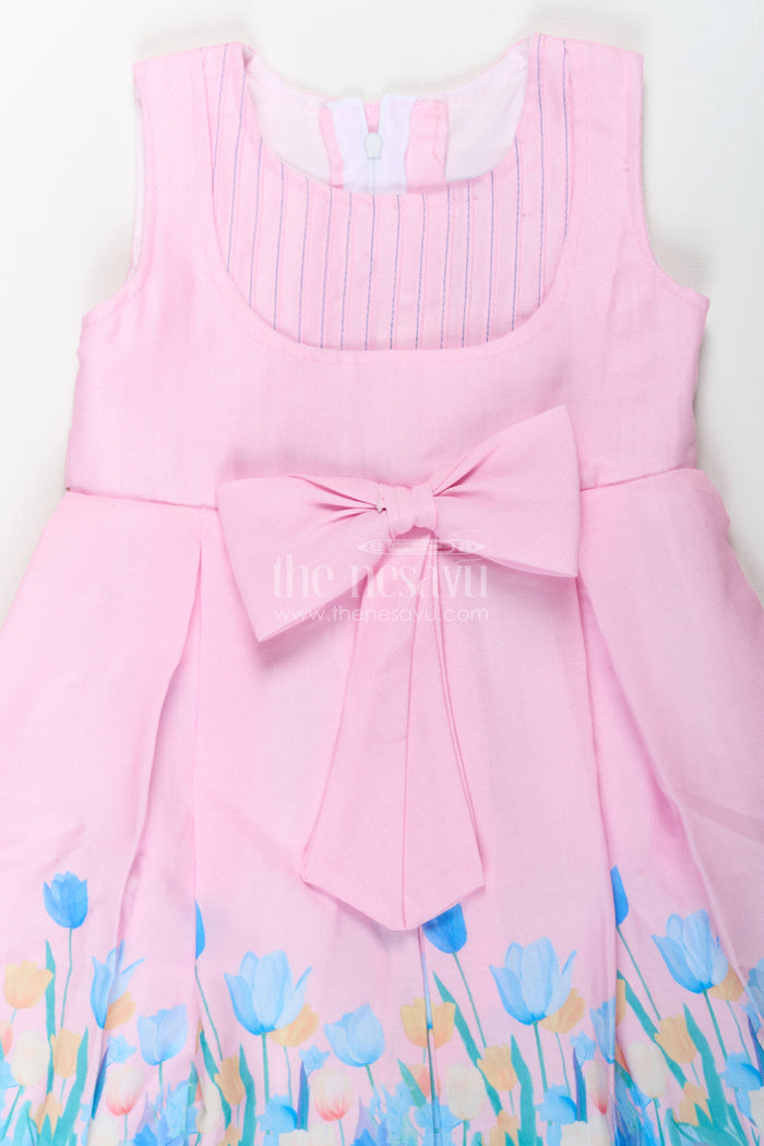 The Nesavu Girls Cotton Frock Girls Pink Colour Frock in Cotton Printed Fabric with Floral Border and Elegant Bow Nesavu Girls Pink Colour Frock Cotton Printed Fabric Floral Border Waist Bow | The Nesavu