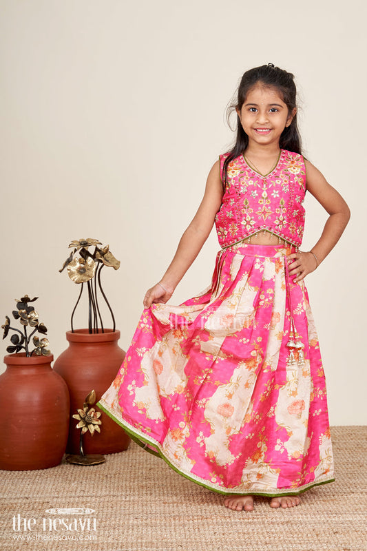 The Nesavu Girls Lehenga Choli Girls Pink Floral Lehenga Choli For Birthday Parties And Poojas Nesavu 16 (1Y) / Pink GL744A-16 Nesavu Floral Pink Lehenga Choli Girls Tissue Print Ethnic Outfit Birthdays Poojas