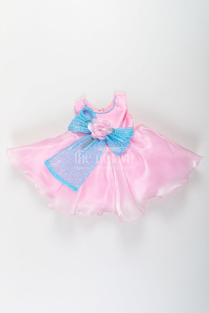 The Nesavu Girls Fancy Party Frock Girls Pink Net Frock with Blue Glitter Bow and Floral Accent in Glazed Organza Fabric Nesavu Nesavu Girls Pink Net Frock Blue Glitter Bow Glazed Organza Party Wear