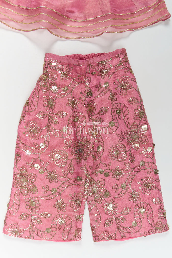 The Nesavu Girls Sharara / Plazo Set Girls Pink Sharara Set in Viscose Tissue with Embroidered Sequin Floral Patterns and Dupatta Nesavu Girls Pink Sharara Set Sequin Embroidered Bottom Elegant Dupatta Viscose Tissue | The Nesavu