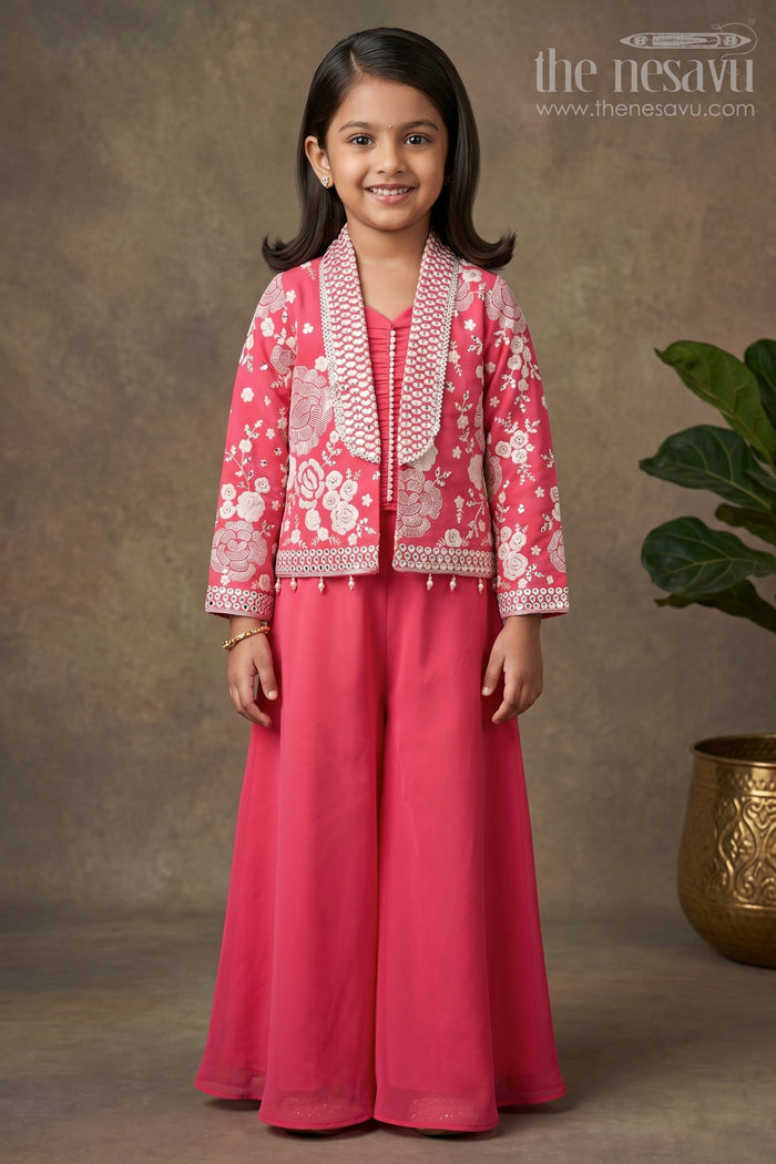 The Nesavu Girls Sharara / Plazo Set Girls Pink Sharara Set with Designer Embroidery for Celebrations Nesavu 24 (5Y) / Red GPS800B-24 Nesavu Girls Pink Sharara Set Embroidered Jacket Georgette Festive Outfit Weddings Events