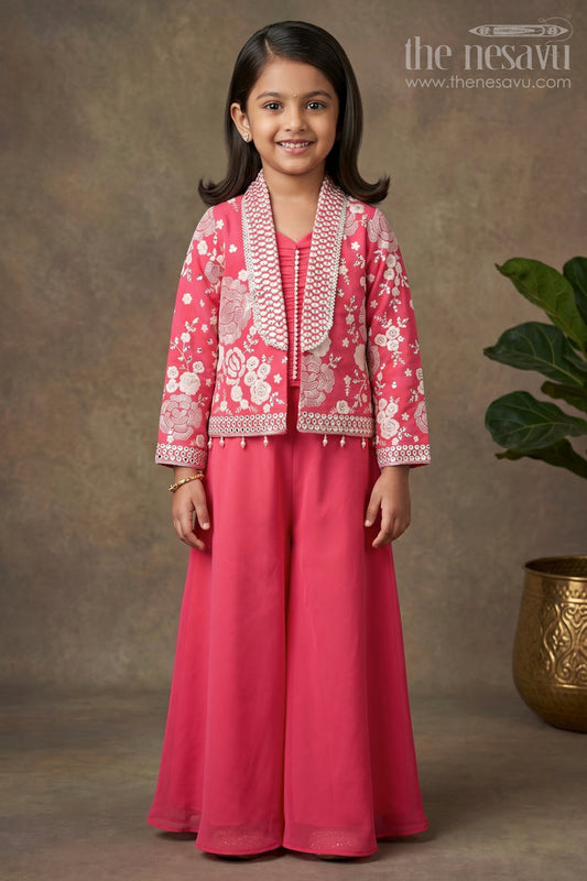 The Nesavu Girls Sharara / Plazo Set Girls Pink Sharara Set with Designer Embroidery for Celebrations Nesavu 24 (5Y) / Red GPS800B-24 Nesavu Girls Pink Sharara Set Embroidered Jacket Georgette Festive Outfit Weddings Events