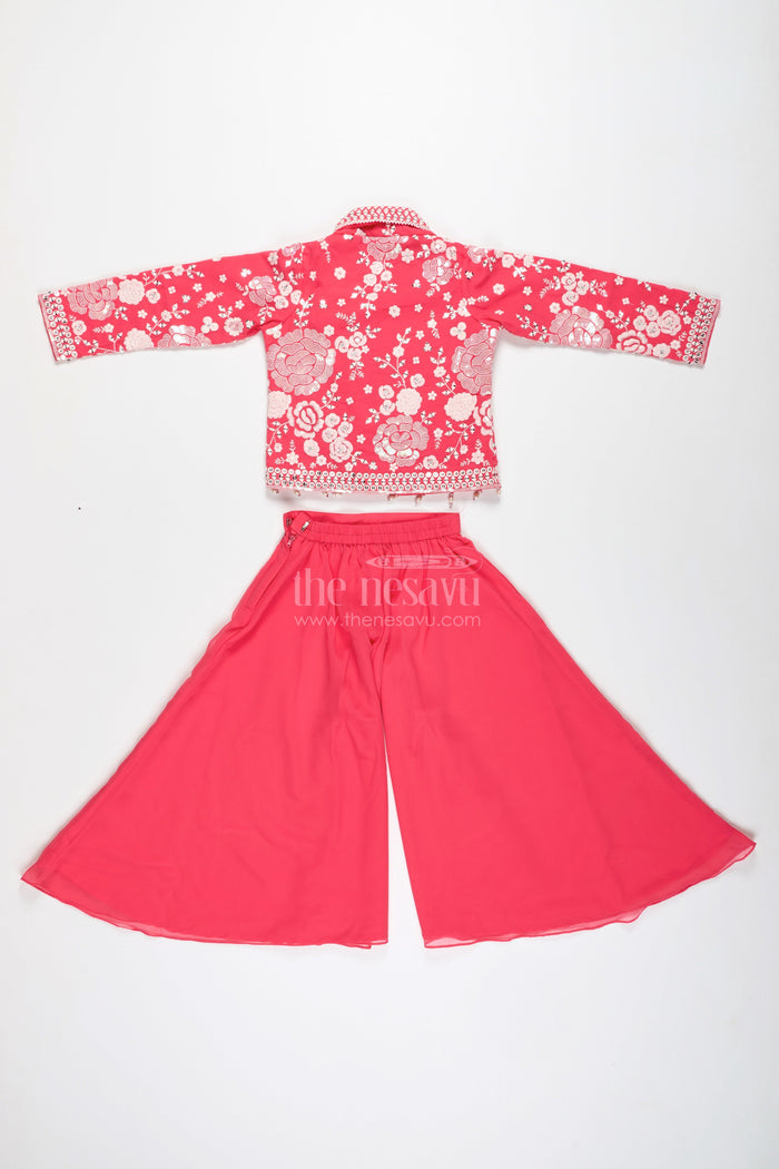 The Nesavu Girls Sharara / Plazo Set Girls Pink Sharara Set with Designer Embroidery for Celebrations Nesavu Nesavu Girls Pink Sharara Set Embroidered Jacket Georgette Festive Outfit Weddings Events