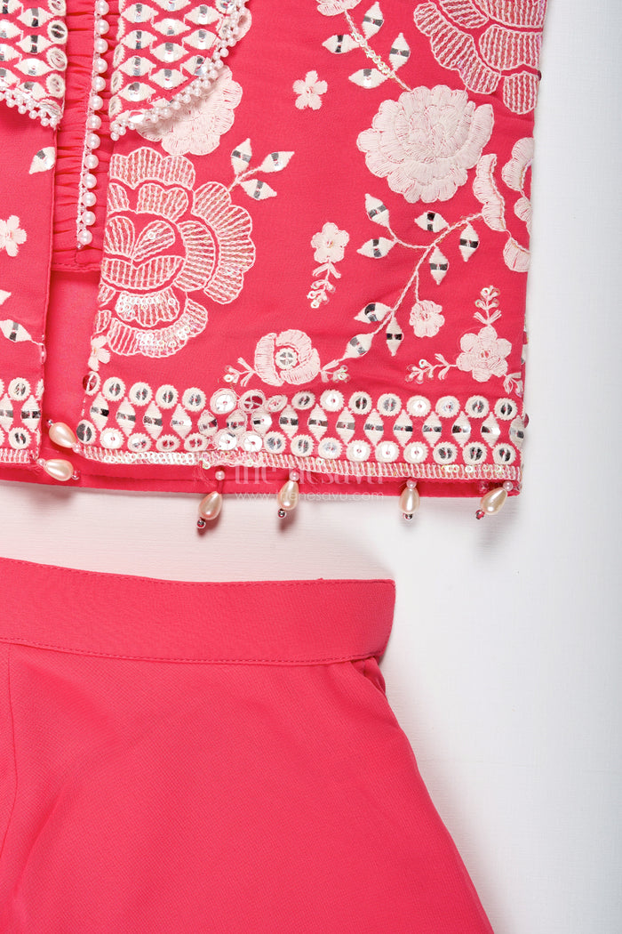 The Nesavu Girls Sharara / Plazo Set Girls Pink Sharara Set with Designer Embroidery for Celebrations Nesavu Nesavu Girls Pink Sharara Set Embroidered Jacket Georgette Festive Outfit Weddings Events