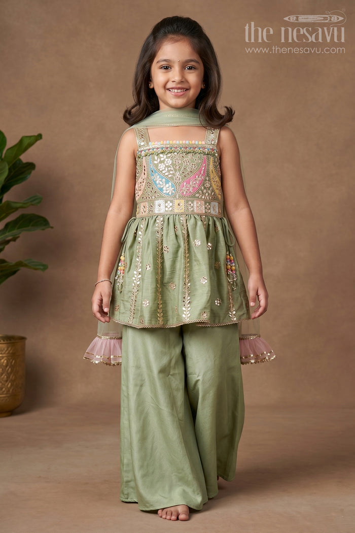 The Nesavu Girls Sharara / Plazo Set Girls Plazo Set for Cultural Events and School Ethnic Day Nesavu 16 (1Y) / Green GPS851A-16 Nesavu girls plazo set viscose silk embroidered jacket  perfect cultural day festive occasions