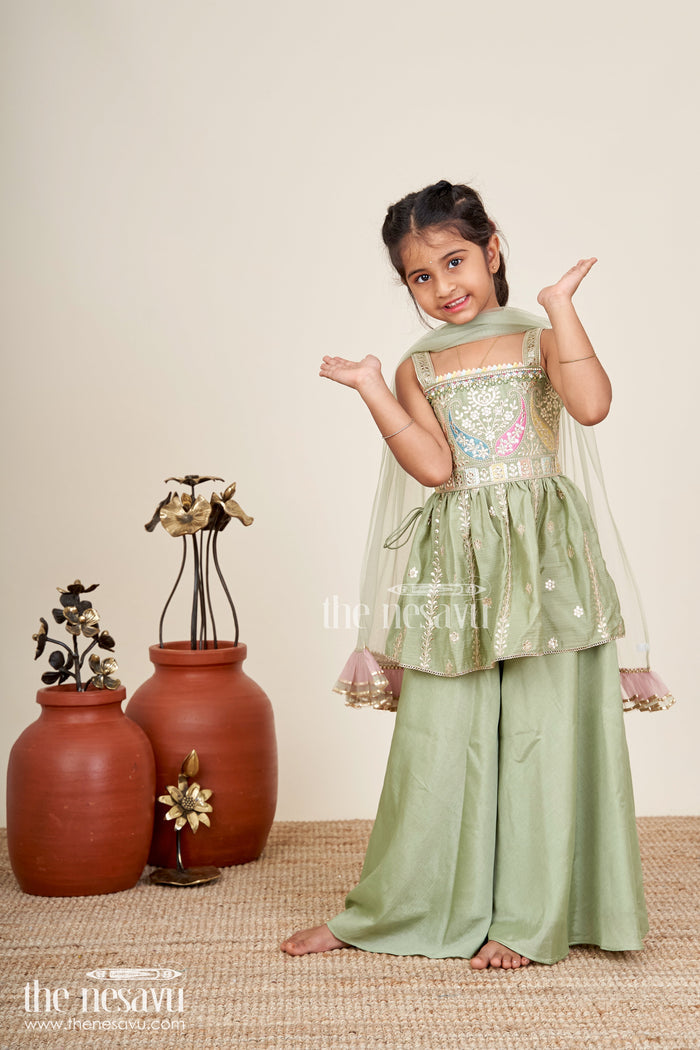 The Nesavu Girls Sharara / Plazo Set Girls plazo set for cultural events and school ethnic day Nesavu 16 (1Y) / Green GPS851A-16 Nesavu girls plazo set viscose silk embroidered jacket  perfect cultural day festive occasions