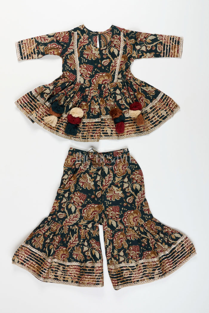 The Nesavu Girls Sharara / Plazo Set Girls plazo set with bold floral block print and festive flair Nesavu Nesavu girls floral block printed plazo set tassels  traditional festive outfit soft cotton