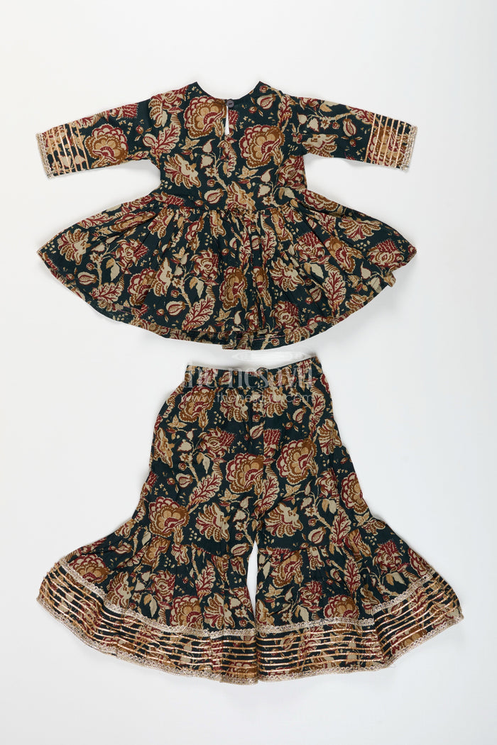 The Nesavu Girls Sharara / Plazo Set Girls plazo set with bold floral block print and festive flair Nesavu Nesavu girls floral block printed plazo set tassels  traditional festive outfit soft cotton