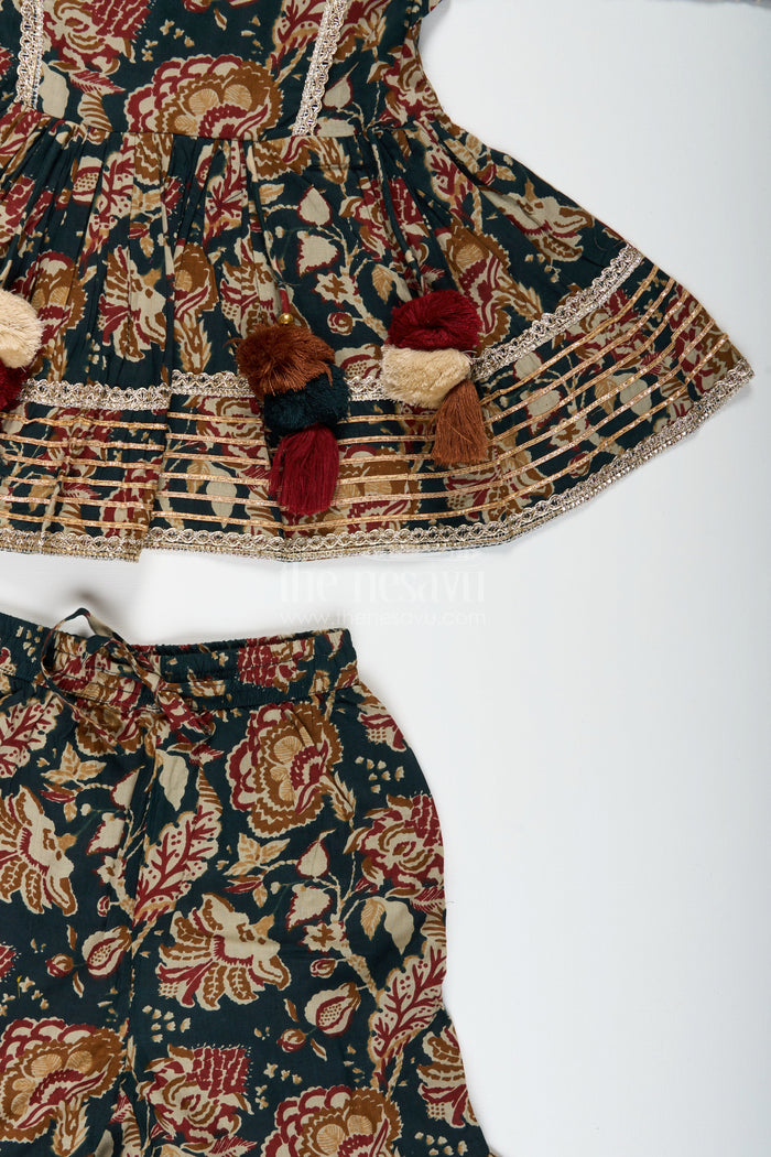 The Nesavu Girls Sharara / Plazo Set Girls plazo set with bold floral block print and festive flair Nesavu Nesavu girls floral block printed plazo set tassels  traditional festive outfit soft cotton