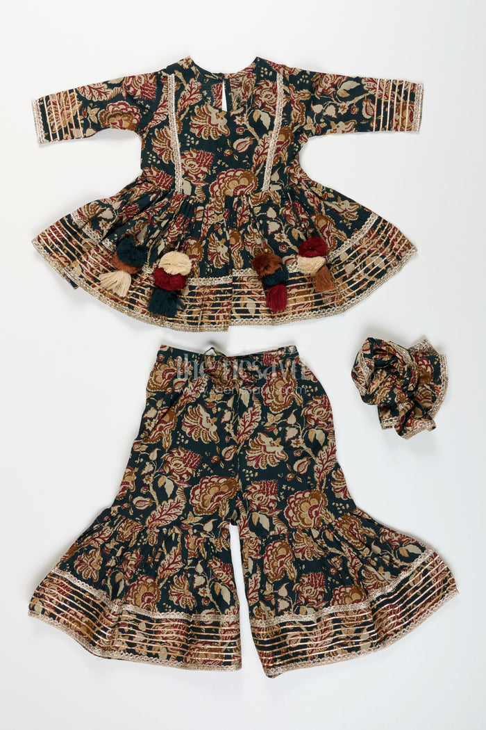 The Nesavu Girls Sharara / Plazo Set Girls plazo set with bold floral block print and festive flair Nesavu Nesavu girls floral block printed plazo set tassels  traditional festive outfit soft cotton