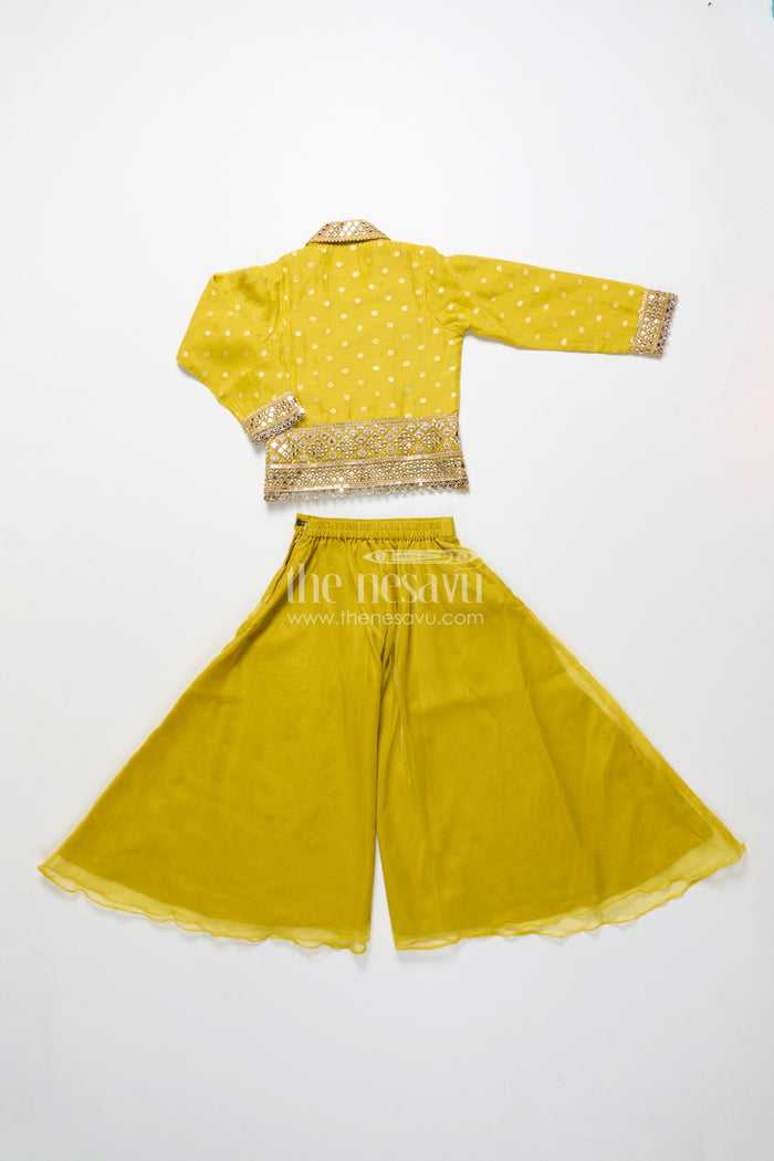 The Nesavu Girls Sharara / Plazo Set Girls Plazo Set with Jacket for School Ethnic Day and Festive Wear Nesavu Nesavu girls plazo set embroidered jacket top viscose silk  great ethnic day casual celebrations