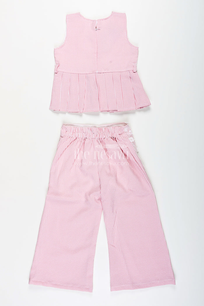 The Nesavu Girls Co-Ord Sets Girls Plazo Set with Peplum Top and Floral Applique Nesavu Nesavu girls striped plazo set peplum top floral detailing