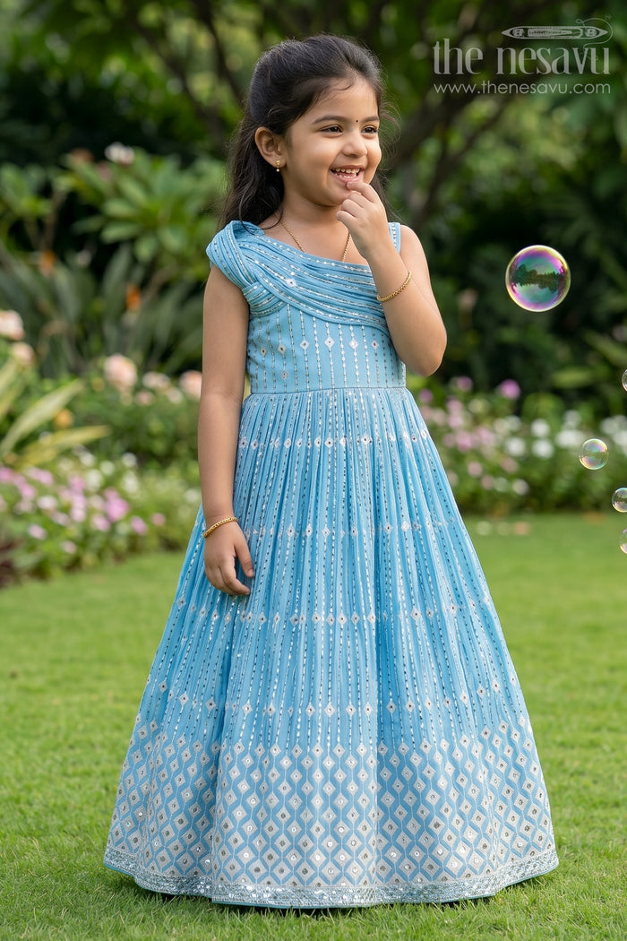 The Nesavu Girls Silk Gown Girls Pleated Anarkali Gown Festive Embroidered Outfit Nesavu 24 (5Y) / Blue GA339A-24 Nesavu Sky Blue Pleated Kids Anarkali Gown Golden Embroidery Festive Occasions Parties