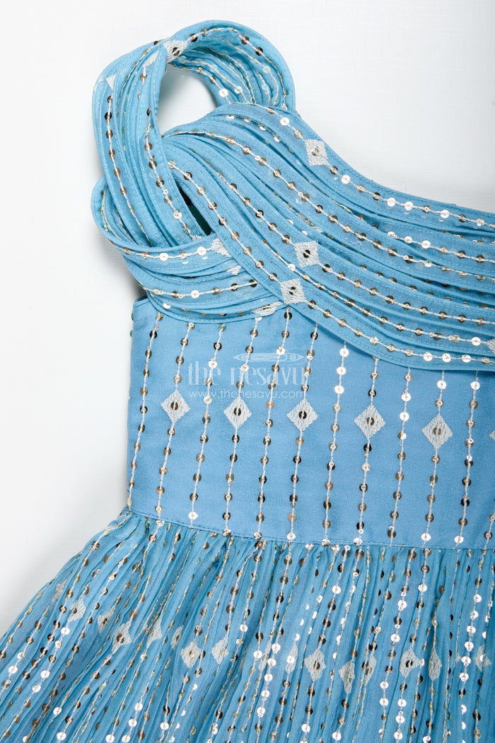 The Nesavu Girls Silk Gown Girls Pleated Anarkali Gown Festive Embroidered Outfit Nesavu Nesavu Sky Blue Pleated Kids Anarkali Gown Golden Embroidery Festive Occasions Parties