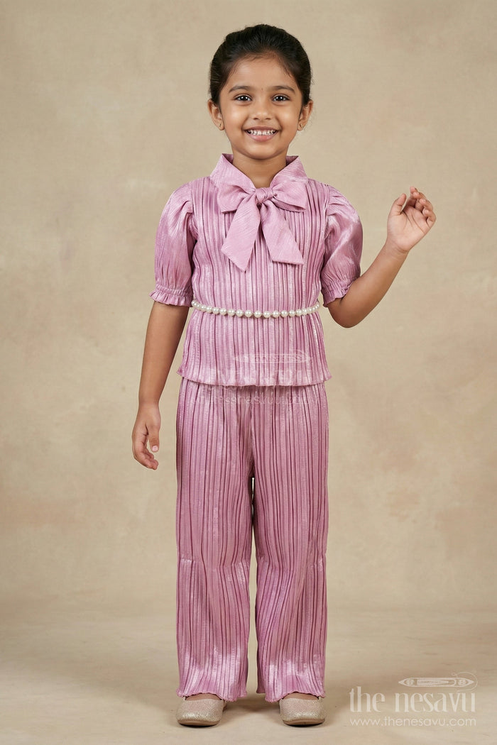 The Nesavu Girls Casual Set Girls Pleated Georgette Co-Ord Set with Puff Sleeve Top and Pants Festive-Ready Casual Wear Nesavu Girls purple pleated georgette top pant set  Nesavu festive casual outfit
