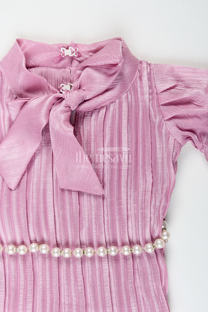 The Nesavu Girls Casual Set Girls pleated georgette co-ord set with puff sleeve top and pants festive-ready casual wear Nesavu Girls purple pleated georgette top pant set  Nesavu festive casual outfit