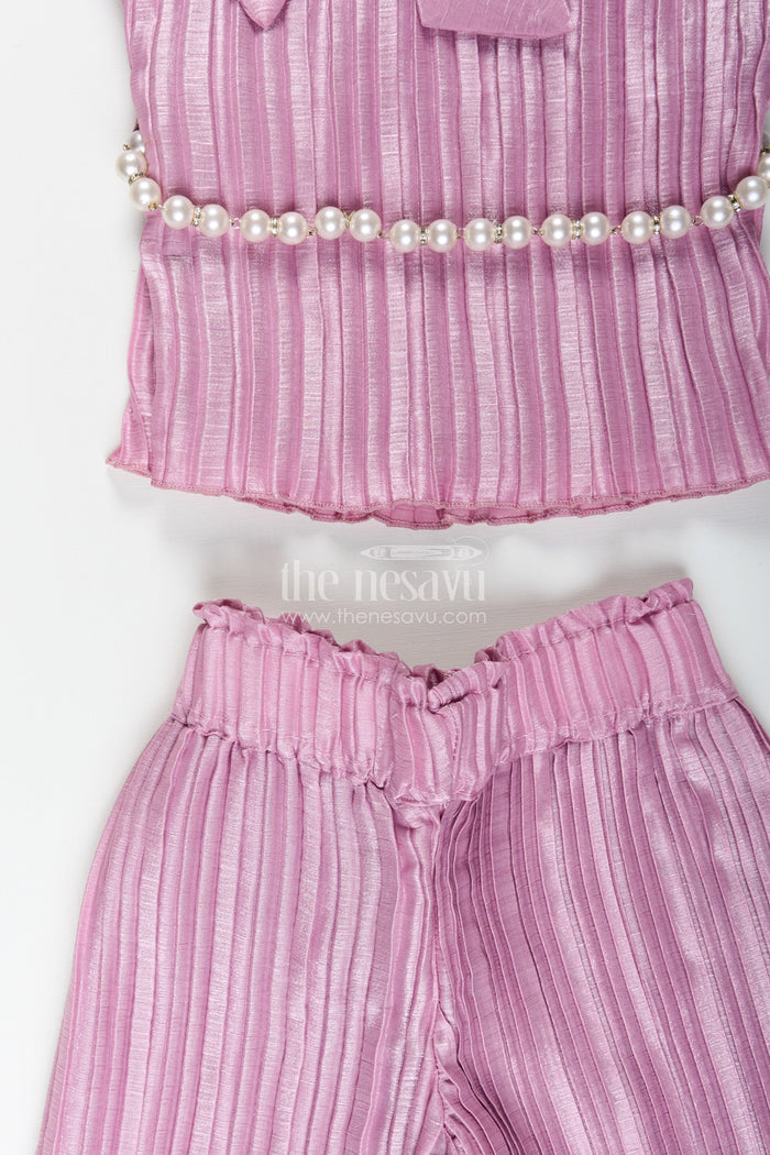 The Nesavu Girls Casual Set Girls pleated georgette co-ord set with puff sleeve top and pants festive-ready casual wear Nesavu Girls purple pleated georgette top pant set  Nesavu festive casual outfit