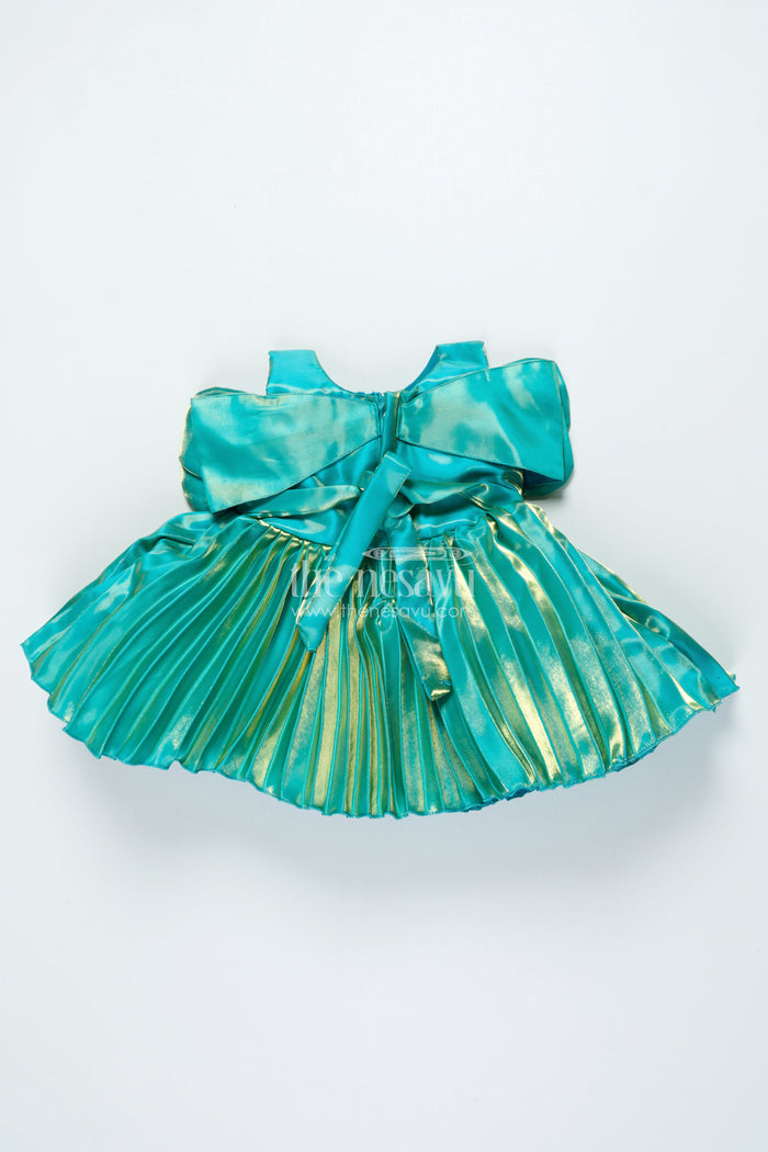 The Nesavu Girls Fancy Party Frock Girls Pleated Satin Organza Frock with Statement Bow Special Occasion Outfit Nesavu Nesavu girls satin organza party frock pleats bow festive wear