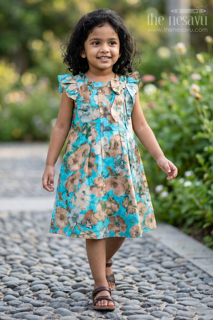The Nesavu Girls Cotton Frock Girls Pretty Floral Dresses with Ruffle Neckline and Soft Cotton Fabric for Elegant Everyday Wear Nesavu 16 (1Y) / Blue GFC1611B-16 Girls Pretty Floral Dresses Ruffle Neckline Soft Cotton Fabric Casual Elegance | The Nesavu