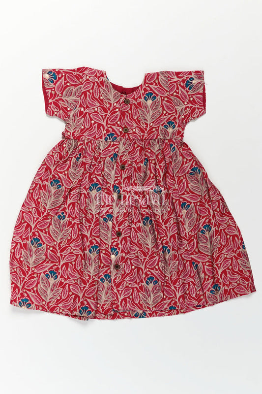 The Nesavu Girls Chanderi Frock Girls Printed Chanderi Frock with Frill Inspired Styling and Traditional Leafy Motif Print Nesavu Traditional Girls Printed Chanderi Frock Frill Styling Bright Festive Patterns | The Nesavu