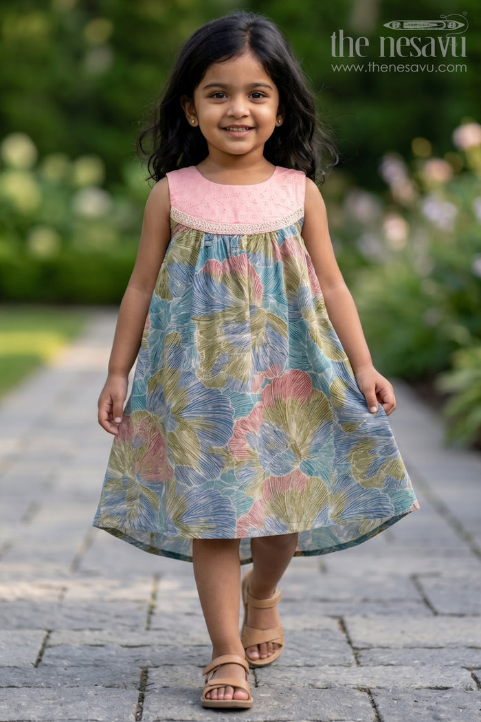 The Nesavu Girls Chanderi Frock Girls Printed Chanderi Frock with Pastel Toned Botanical Motifs and Elegant Flow in Long Frock for Party Style Nesavu 18 (2Y) / Multicolor GFC1734B-18 Girls Long Frock Party Chanderi Soft Pastel Floral Design Pink Yoke Detailing | The Nesavu