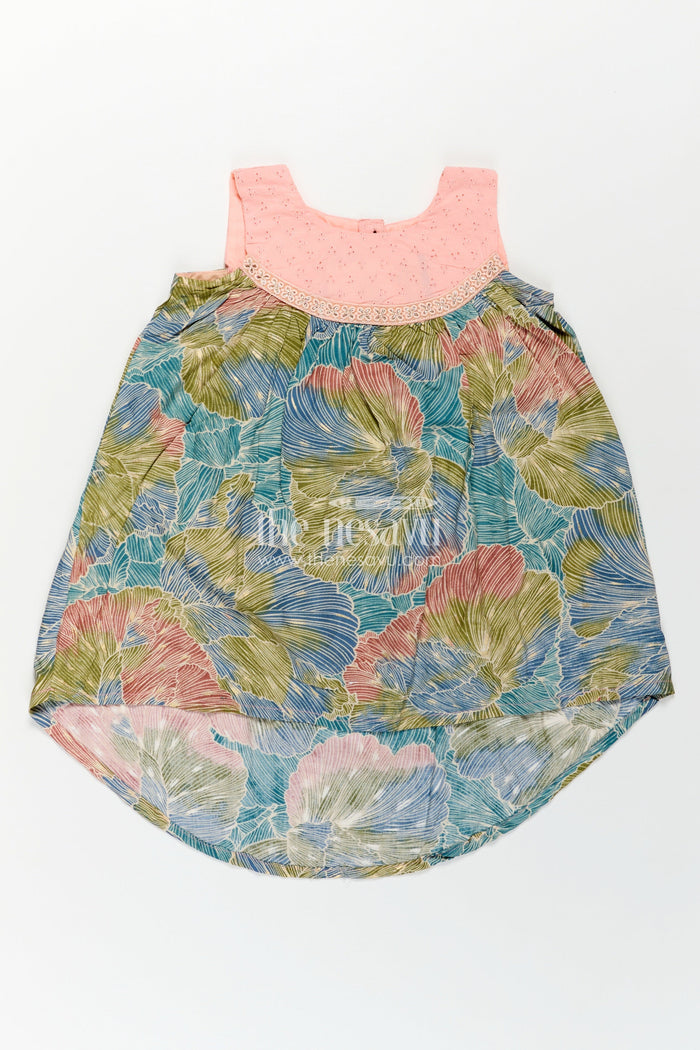 The Nesavu Girls Chanderi Frock Girls Printed Chanderi Frock with Pastel Toned Botanical Motifs and Elegant Flow in Long Frock for Party Style Nesavu 18 (2Y) / Multicolor GFC1734B-18 Girls Long Frock Party Chanderi Soft Pastel Floral Design Pink Yoke Detailing | The Nesavu