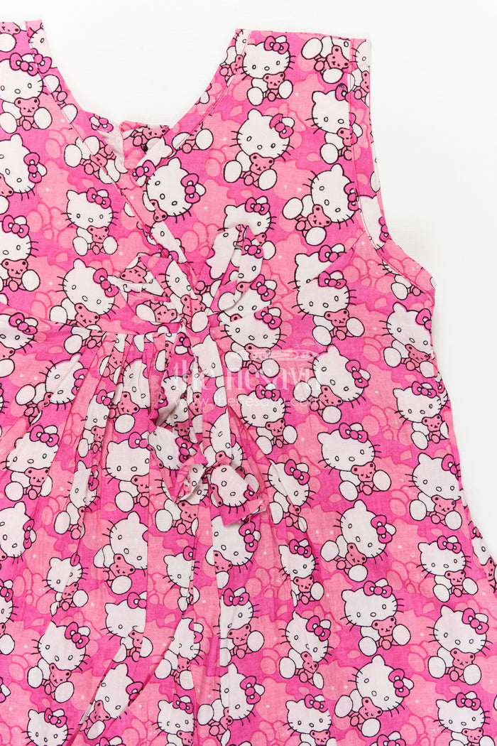 The Nesavu Girls Cotton Frock Girls Printed Cotton Frock with Hand Block Floral Design and Playful Ruffles in Cheerful Pink Nesavu Nesavu Girls Cotton Frock Pink Hand Block Floral Print Lightweight Ruffle Details