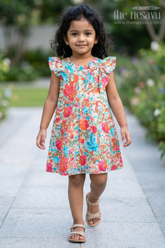 The Nesavu Girls Cotton Frock Girls Printed Frock in Muslin Silk with Vibrant Floral Patterns and Stylish Bow Nesavu 16 (1Y) / Multicolor GFC1606A-16 Girls Printed Frock Muslin Silk Vibrant Floral Patterns Stylish Bow | The Nesavu