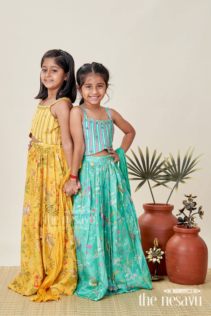 The Nesavu Girls Lehenga Choli Girls Printed Lehenga Choli Set Festive Traditional Wear Nesavu Nesavu Green Girls Lehenga Set Bird Printed Skirt Mirror Work Blouse Ethnic Wear