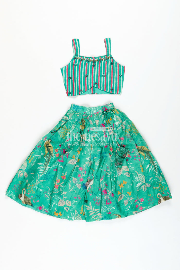 The Nesavu Girls Lehenga Choli Girls Printed Lehenga Choli Set Festive Traditional Wear Nesavu Nesavu Green Girls Lehenga Set Bird Printed Skirt Mirror Work Blouse Ethnic Wear
