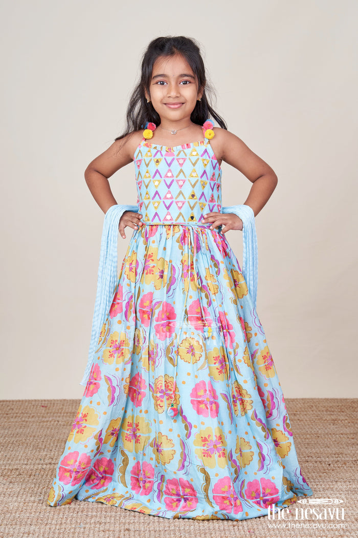 The Nesavu Girls Lehenga Choli Girls Printed Lehenga Choli Set with Matching Dupatta for Celebrations Nesavu Nesavu girls printed viscose silk lehenga choli dupatta party wear set