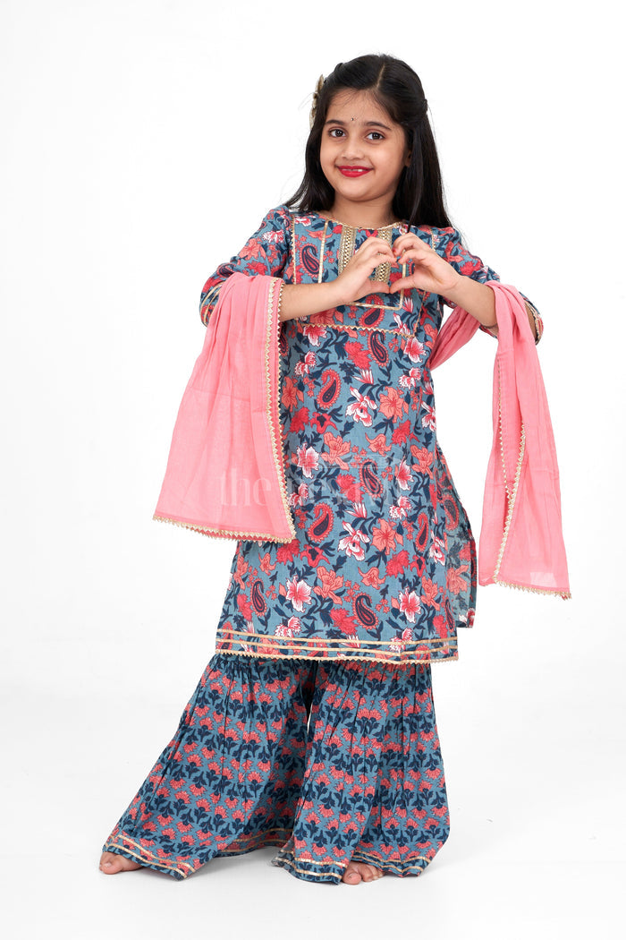 The Nesavu Girls Sharara / Plazo Set Girls Pure Cotton Sharara Set Multicolor Diwali Festive Dress Nesavu Nesavu Girls Multicolor Cotton Block Print Sharara Set Embroidery Diwali Festive Dress