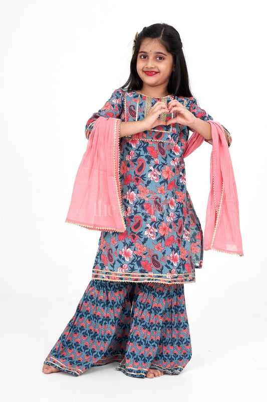 The Nesavu Girls Sharara / Plazo Set Girls Pure Cotton Sharara Set Multicolor Diwali Festive Dress Nesavu Nesavu Girls Multicolor Cotton Block Print Sharara Set Embroidery Diwali Festive Dress