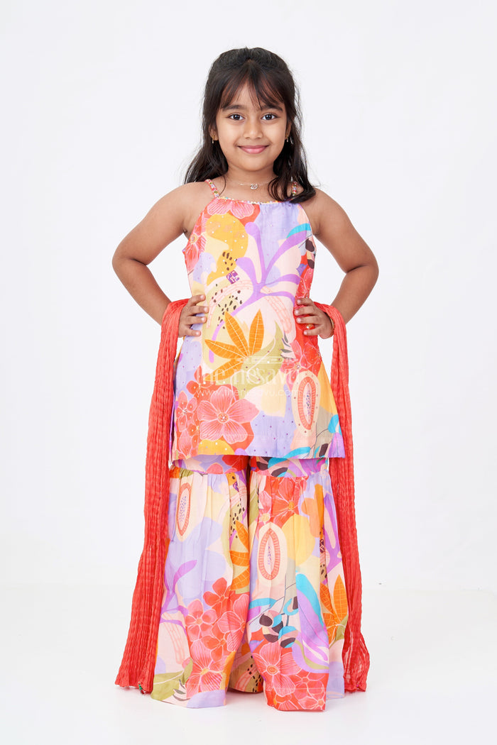The Nesavu Girls Sharara / Plazo Set Girls Pure Muslin Silk Digital Printed Kurti with Sharara Set for Festive and Ethnic Wear Nesavu 16 (1Y) / Multicolor GPS523A-16 Nesavu Girls Pure Muslin Silk Digital Printed Kurti Stylish Sharara Festive Wear